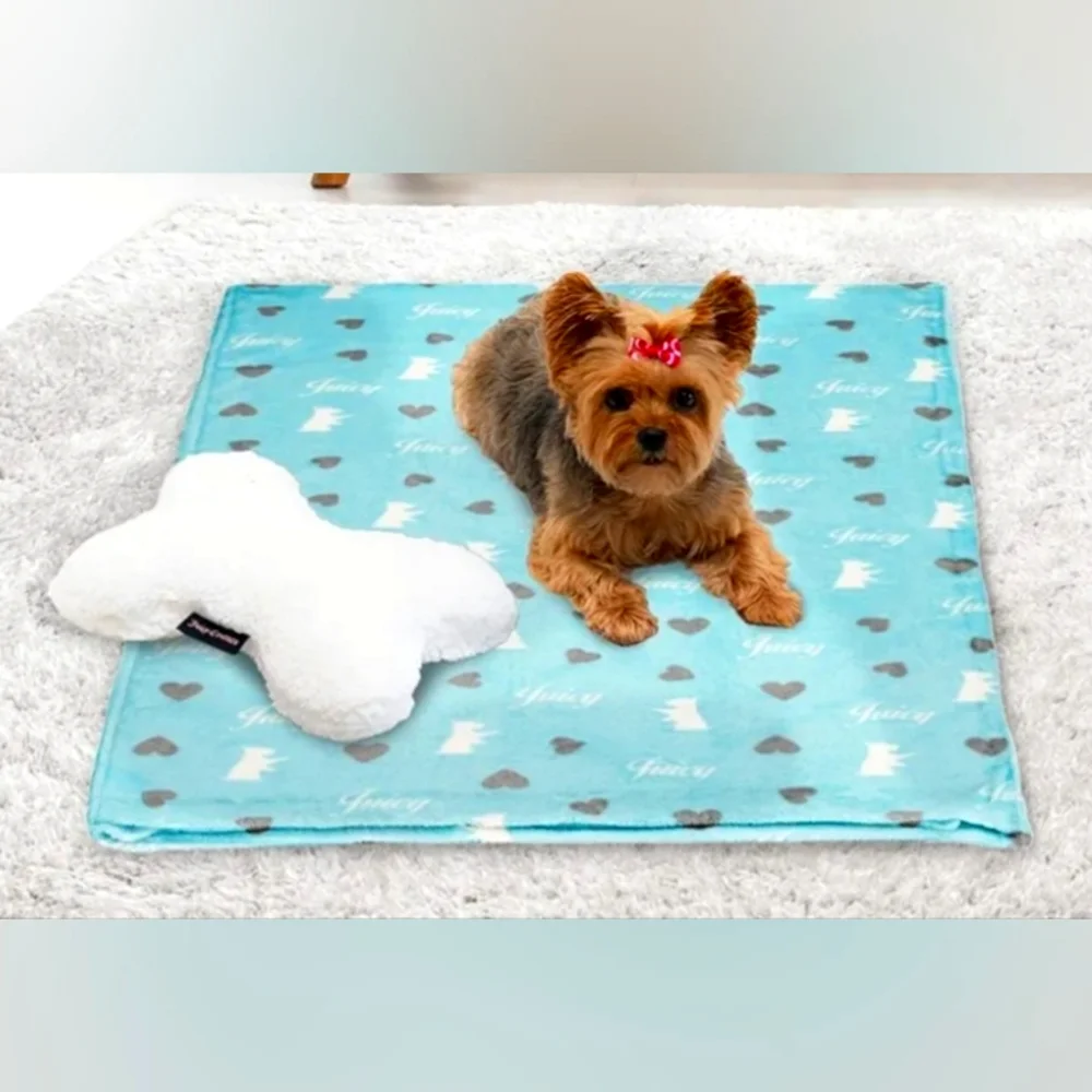 #33A0 Juicy Couture Turquoise Blue Dog Blanket Sherpa Bone Shaped Pillow